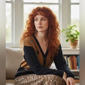 Vintage Lauren Jeffries Brown Black Graphic Cotton Cardigan Size L